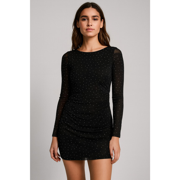 Haute Monde Dress Womens Medium Black Mesh Ruched Sequin Polka Dot Party Club - Picture 1 of 15